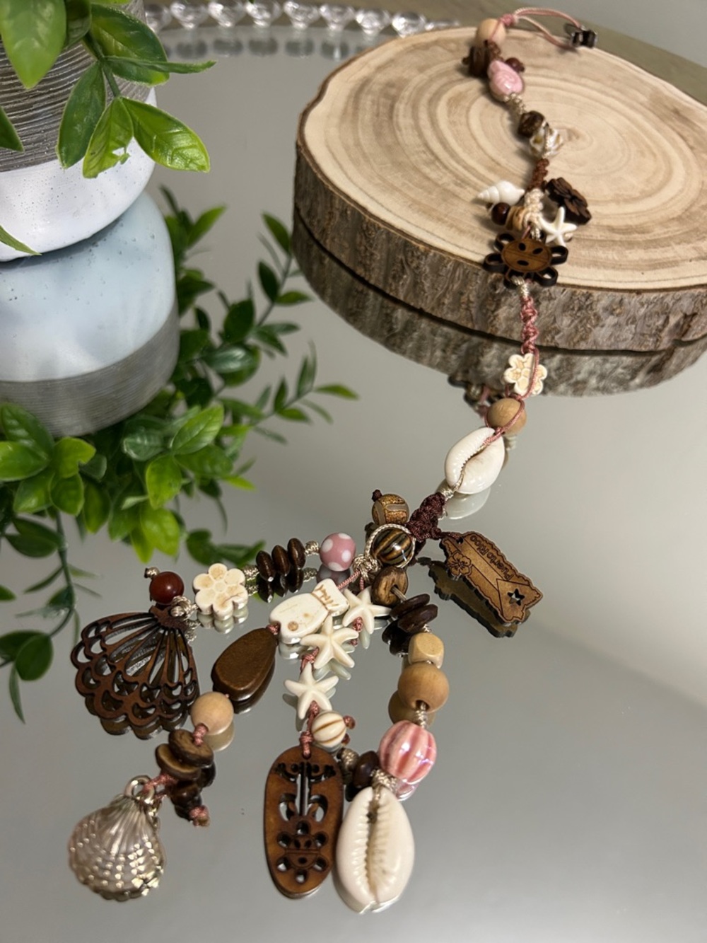 Boho Shell & Wood Charm Necklace in Brown, Cream & Pink
